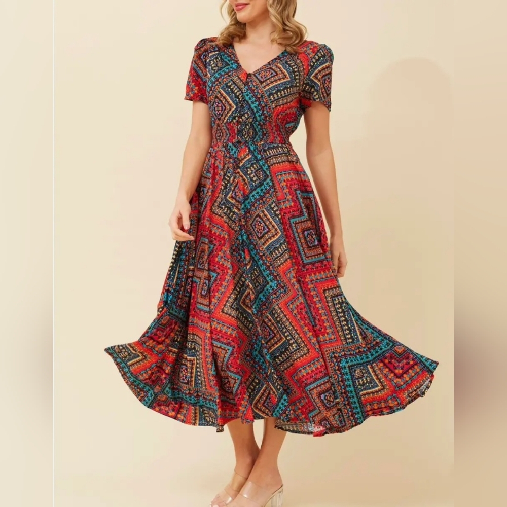 Vibrant Red and Blue Patterned Midi Dress